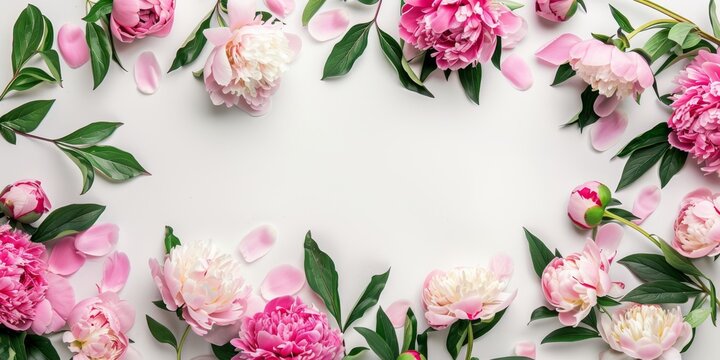 Creative arrangement of pink peonies framing white space. Pink peonies with scattered petals and leaves on a white background. Framed pink peony flowers creating a floral border with white center.