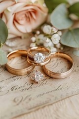 Detailed close-up of weddings rings with diamonds on faded parchment