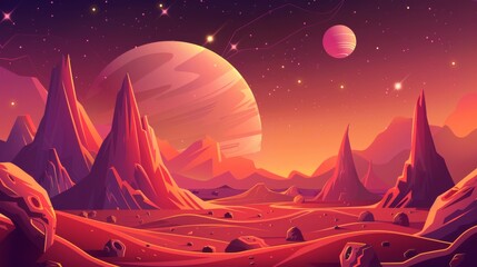 Animated alien space planet with crater, moon and Saturn, stars glinting in the galaxy background. Fantasy world landscape with mountain and rock land desert surface, red stone ground with crater.