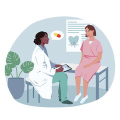 African American doctor in white robe holds clipboard talking to female patient to make diagnosis and prescribe treatment. Hospital interior. Concept of provision of medical care. Vector illustration