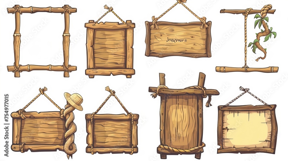 Poster hawaiian empty menu panel layout for message or notification. wooden bamboo sign board frame game ui