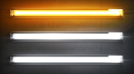 A neon tube lamp in yellow and white for a party border design. Modern fluorescent led light bar isolated on transparent background. Night realistic electric stripe casino illumination graphic pack. - obrazy, fototapety, plakaty