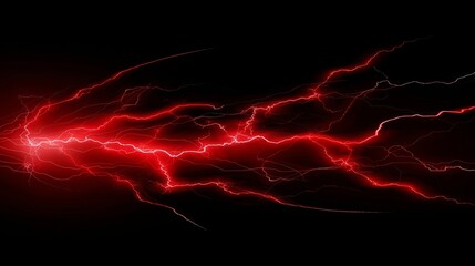 The modern electric lightning modern effect is isolated on black background. Red spark blasts vfx illustration. Flash lightening explosion magical spell attack. Neon thunderstorm energy discharge - obrazy, fototapety, plakaty