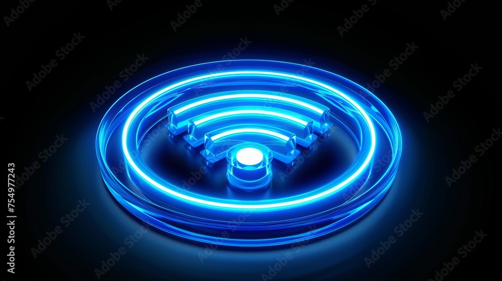 Poster a 3d wifi wave light effect is displayed on a digital sign made of neon circles as a symbol for wire