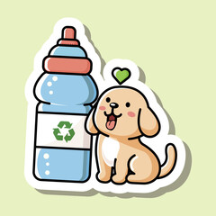 Cute cartoon design sticker of fluffy puppy near water bottle. Smiling small dog character. Concept of environmental protection. Isolated on green background. Vector illustration