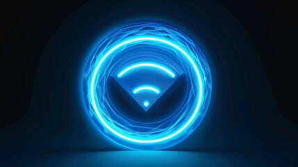 Transparent neon circle symbol for wireless monitoring and protection. Blue electric frequency ring light effect.