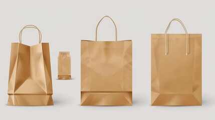 Icon merchandising design collection. 3D retail reusable branding merchandise illustration with craft brown paper bag and handle.