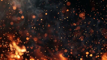Fire sparks, smoke and embers on a black background, overlay effect of burned coal, grill, hell or bonfire, featuring flame glow, orange flying sparkles, and fog.