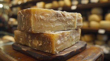 two pieces of soap stacked on top of each other on a wooden cutting board in front of shelves of cheese.