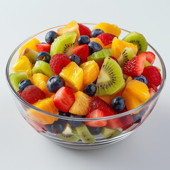 mixed fruit salad in the clear bowl on table white background.