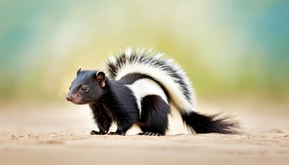Fototapeta premium a small black and white animal standing on top of a dirt field next to a green and blue background with a blurry background.