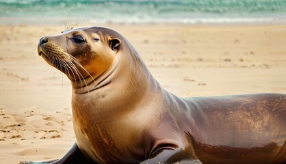 Fototapeta premium a close up of a seal on a beach with a body of water behind it and a body of water in the background.