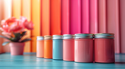 A row of colorful jars of paint sit on a table. The jars are arranged in a rainbow order, with the lightest color on the left and the darkest on the right