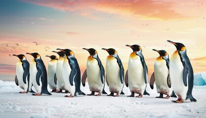 Fototapeta premium a group of penguins standing next to each other on top of a snow covered ground with a sunset in the background.