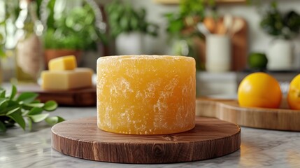 a block of cheese sitting on top of a wooden cutting board next to oranges and a potted plant.