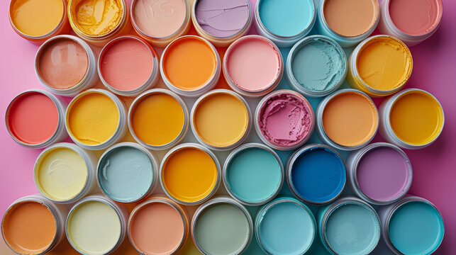 A row of paint cans with different colors, including yellow, blue, and pink. Concept of creativity and artistic expression, as the various colors are arranged in a visually appealing manner