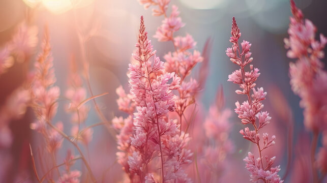 Soft Pink Wildflowers in Golden Hour Light - Delicate pink wildflowers bask in the soft, warm glow of the sun during golden hour, creating a dreamy scene.

