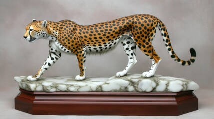 a figurine of a cheetah standing on a marble base with a wooden base and a white background.