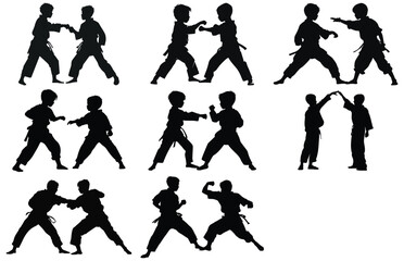 Two young boys doing karate silhouette, Two karate young boys fighters in a match,  
