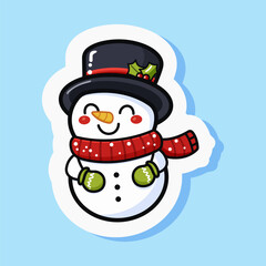 Cute cartoon snowman sticker with old fashioned hat, red scarf, carrot nose, warm gloves. New Year and Christmas celebration. Childhood entertainment. Isolated on white background. Vector illustration