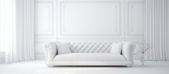 A white couch is positioned in front of a window, illuminated by natural light. The room is simplistic and elegant, with the white couch as the focal point.
