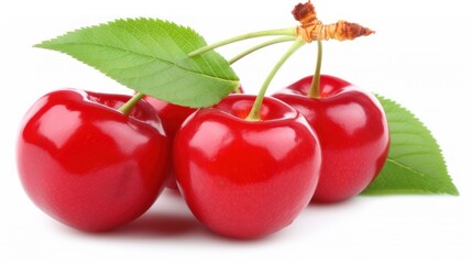 a group of three cherries with a leaf on the end of the cherries, on a white background.