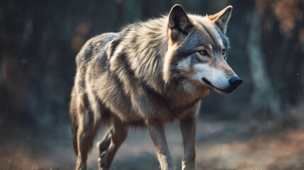 Fototapeta premium a close up of a wolf standing in a field of grass with trees in the background and a blurry image of trees in the background.