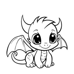 Cute Dragon coloring pages for kids. . Black and white outline illustration of baby dragon. Coloring book page