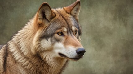 Obraz premium a close up of a wolf's face with a blurry background of grass and trees in the background.