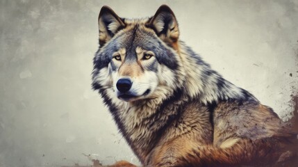  a close up of a wolf looking at the camera with a grungy look on it's face.