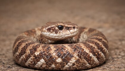 Obraz premium a close up of a brown and white snake on the ground with it's head in the center of the snake's body.