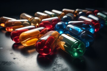 Distinctive pill omega capsules on black background banner. Fish omega gel tablets medication supplements. Generate ai