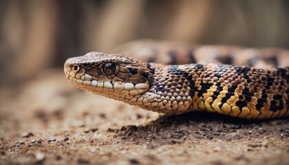 Fototapeta premium a close up of a snake's head on the ground with it's mouth open and it's tongue out.