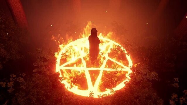 3D rendering. Halloween. The wizard is in the center of the pentagram to summon a demon, in the forest thicket.