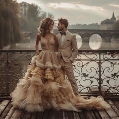 Romantic couple in wedding attire by a bridge at sunset, radiating love and tenderness. Wedding concept. 