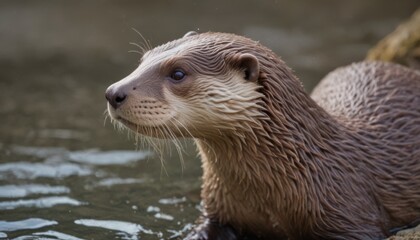  a close up of a wet otter in a body of water with it's head above the water's surface.