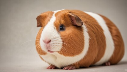  a close up of a brown and white guinea pig on a gray background with its head turned to the side.