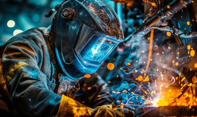Welder in protective equipment, his protective mask is illuminated by a bright welding arc