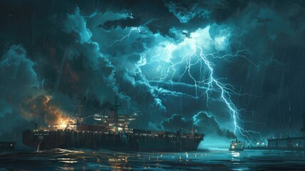 Harbor view with intense storm - A digitally  artwork featuring a storm over industrial harbor signifies the confrontation of man-made and natural forces - obrazy, fototapety, plakaty