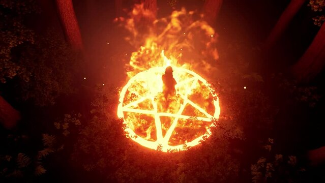 3D rendering. Halloween. The wizard is in the center of the pentagram to summon a demon, in the forest thicket.