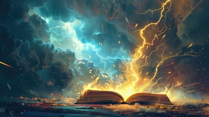 Mystical book reveals electric power in storm - A digital artwork depicts a magical book with a fierce storm and electrical energy, suggesting fantastical stories
