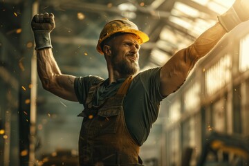 Muscular worker wielding a hammer with sparks - An intense scene capturing a strong construction worker swinging a hammer with visible sparks flying around on a work site