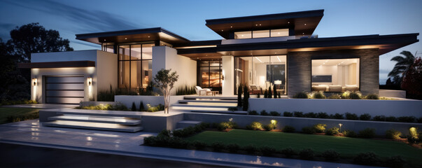 Fototapeta premium Luxury modern architectural villa at dusk
