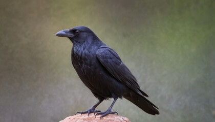 Obraz premium a black bird sitting on top of a rock in front of a green and gray background with a blurry background.