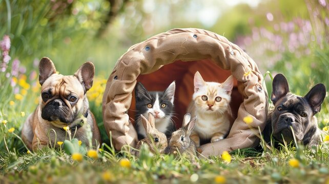 Pets hiding inside colorful play tunnels - Cute dogs and cats peek from a plush tunnel surrounded by green grass and flowers, depicting playful pets