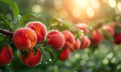 Beautiful ripe peaches hanging on a branch in garden - Powered by Adobe