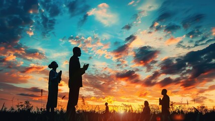 Silhouetted family at sunset with kite - Family members and a child flying a kite silhouetted against the backdrop of a stunning sunset sky