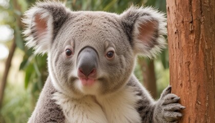  a close up of a koala on a tree with trees in the background and a sky in the background.
