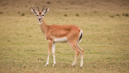  a small antelope standing in the middle of a grassy field with its head turned to look at the camera.