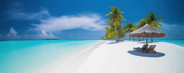 A tropical holiday paradise with white sand, palms, turquiose sea and sunbeds for holiday makers. Generative AI